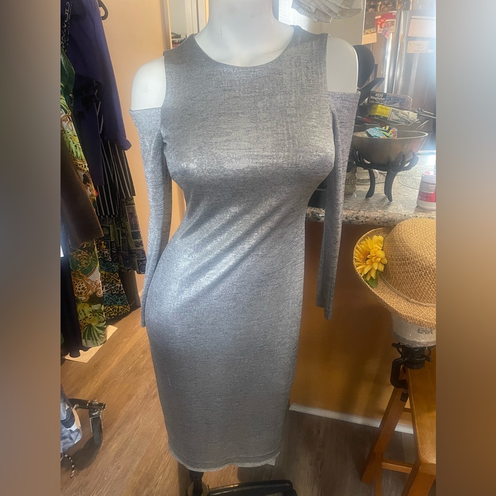 Calvin Klein Silver Gray Cold Shoulder Bodycon Dress